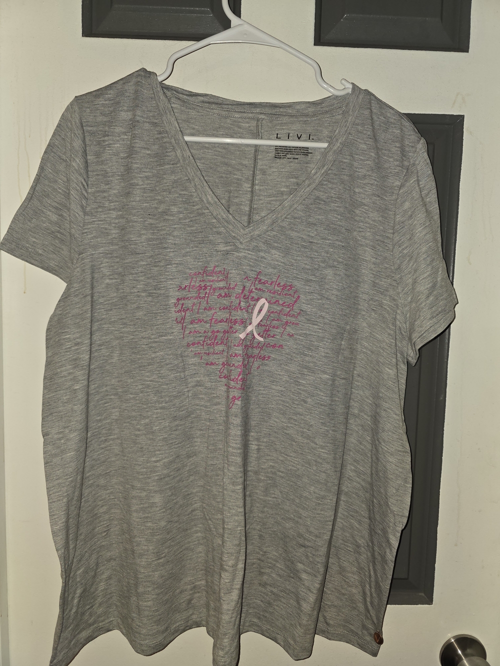 Lane Bryant Gray V-Neck Tee with Pink Ribbon Heart Graphic